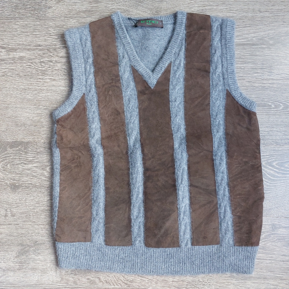 ETRO gray knit brown suede cashmere sweater v-neck vest. Large L